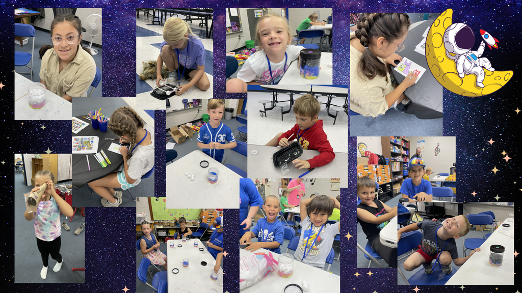 Multiple photos of children in a classroom. Some are doing arts and crafts, others are reading.