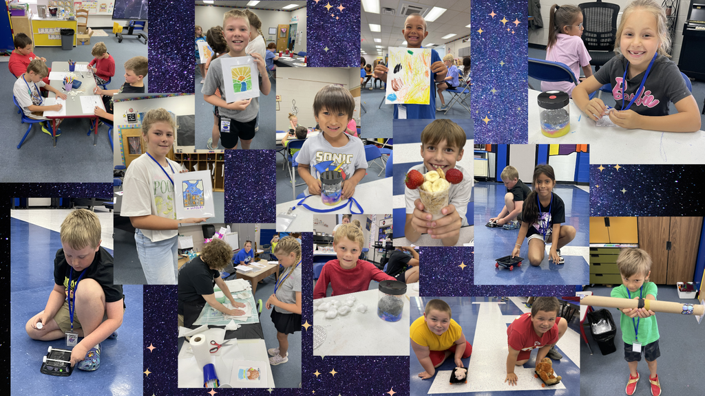 Collage of children in a classroom. Various activities are depicted, including drawing, reading, and sitting at desks.
