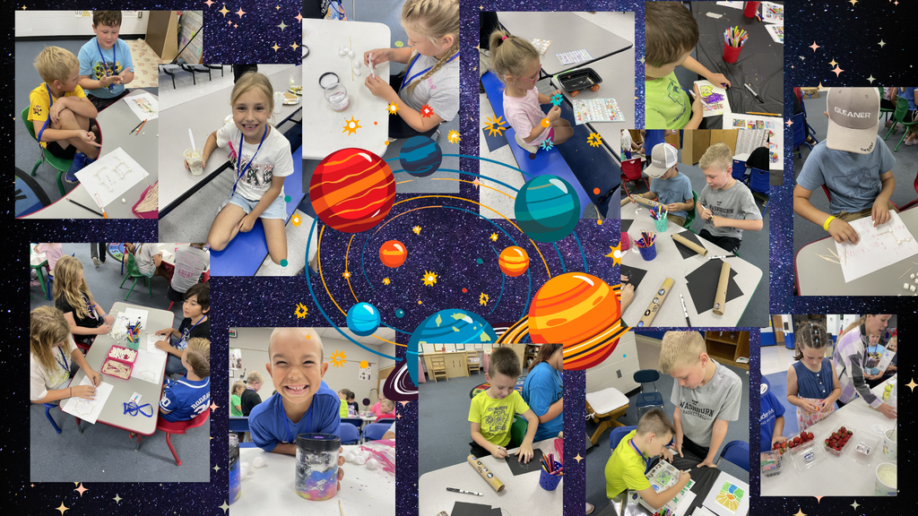 Collage of children working on various activities at desks, with planets and stars in the background.