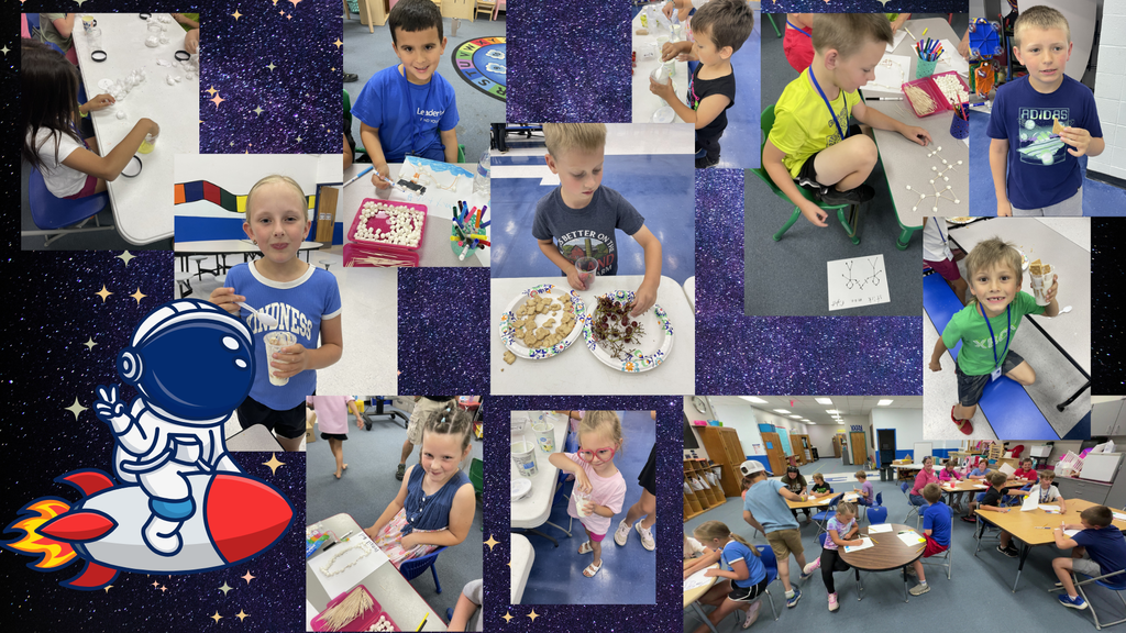 Nine photos of children in a classroom setting. Some are seated at tables, others are standing or walking.