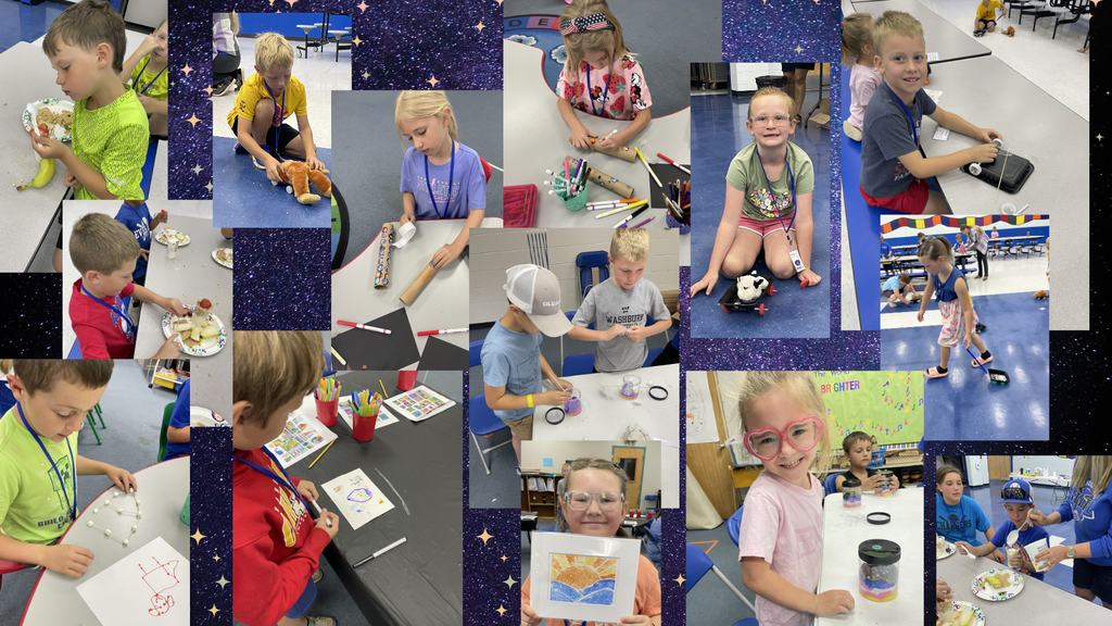 Collage of children engaging in various activities; some paint, others sit, and a few hold up completed artwork.