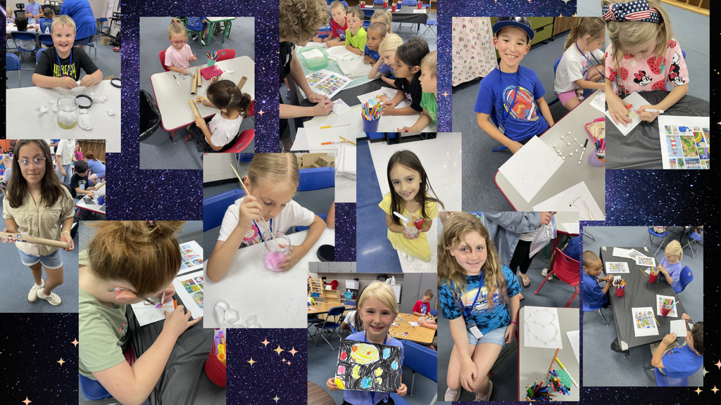 Collage of children engaged in various activities in a classroom, some painting, others sitting at tables.