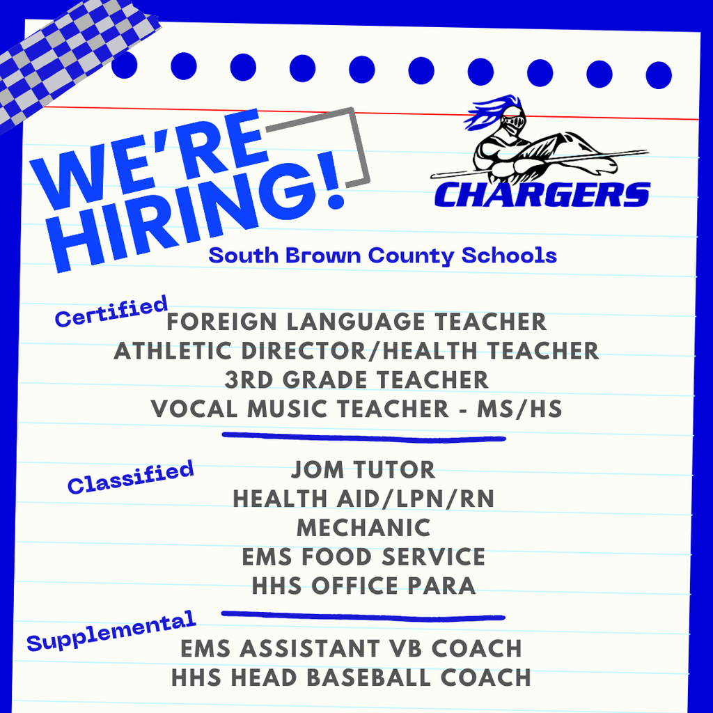 An advertisement for job openings in South Brown County Schools lists various positions, including teachers, tutors, and coaches, with details like certification and classifications.