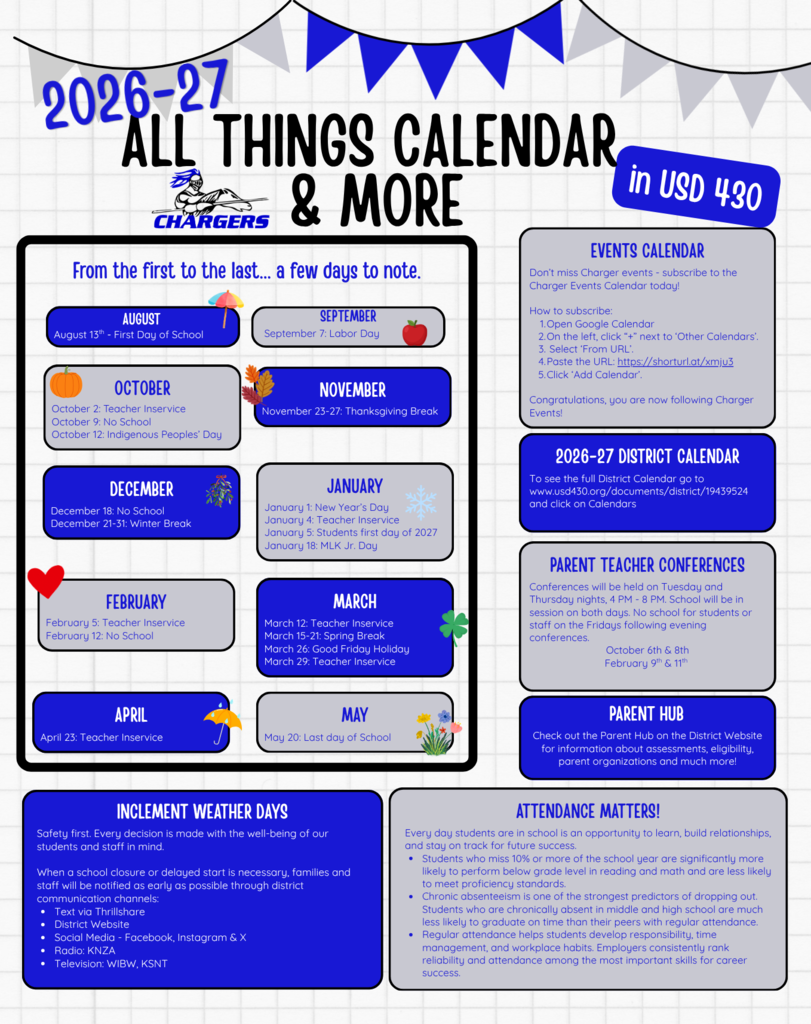 Calendar and more information from USD 430, highlights days throughout the school year when school is not in session as well as information about inclement weather, attendance, events calendar, and parent teacher conferences
