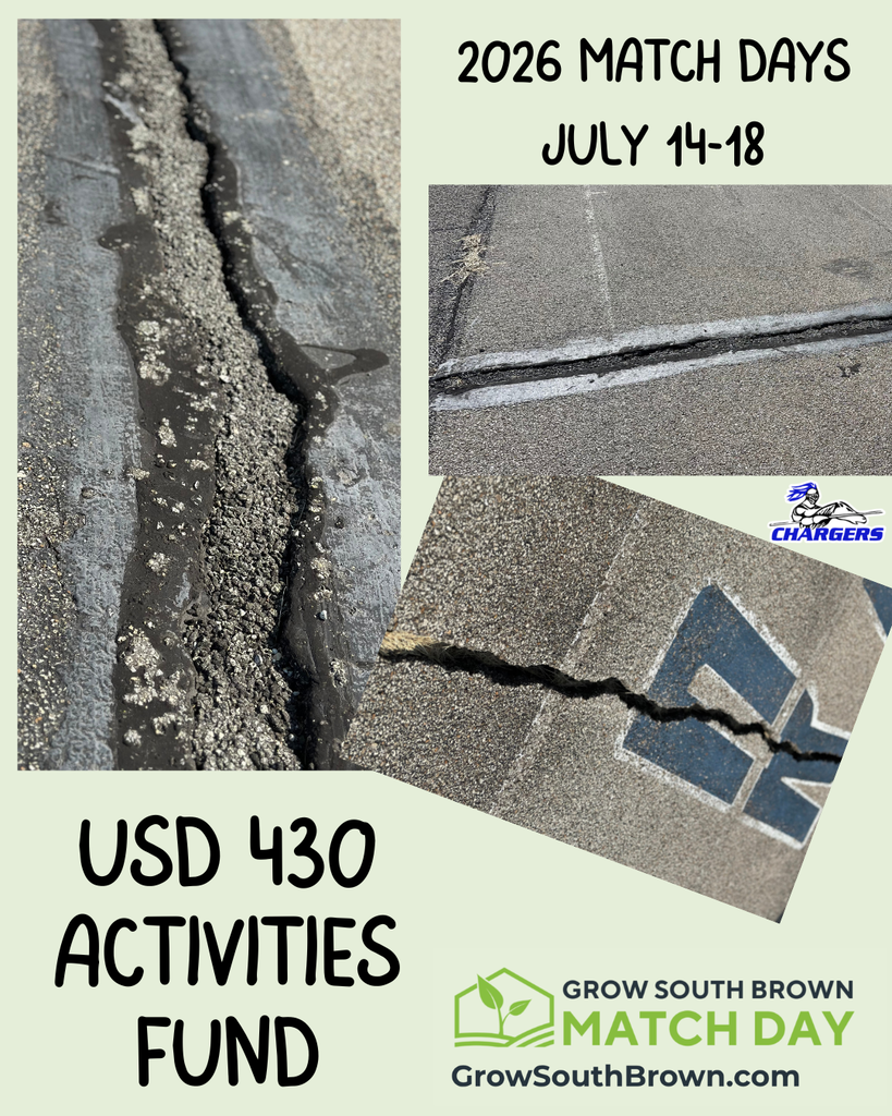 Three images of cracked pavement with overlaying text reading "2026 MATCH DAYS JULY 14-18", "USD 430 ACTIVITIES FUND", and "GROW SOUTH BROWN MATCH DAY".