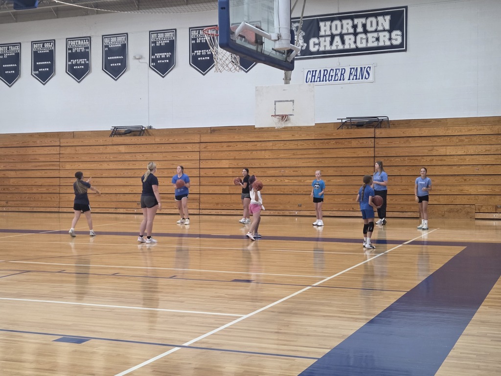 A basketball court with people in various positions, possibly practicing. Banners reading "Horton Chargers" hang above.