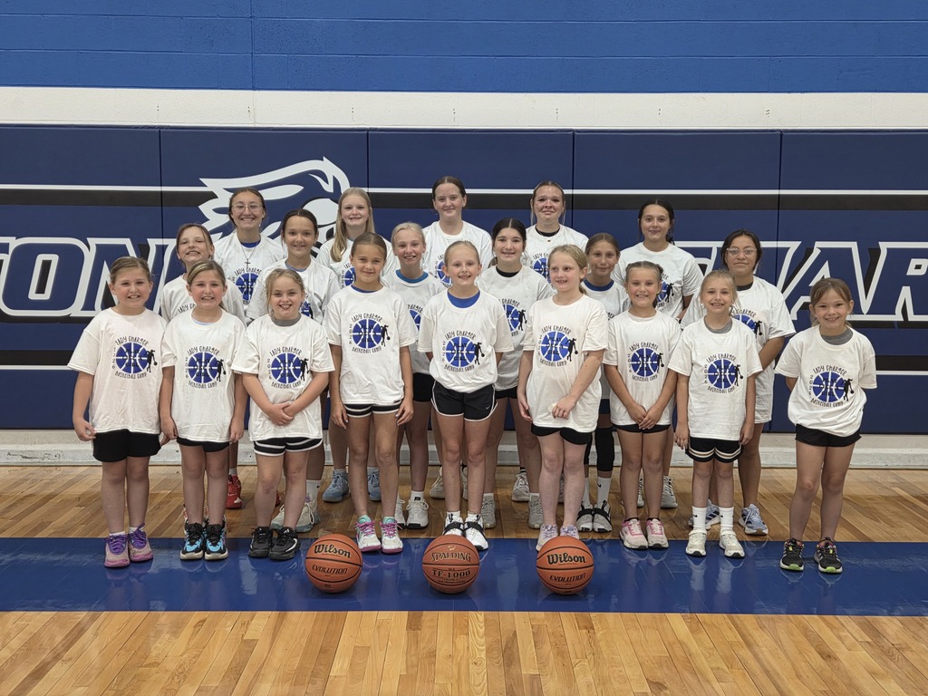 A group of girls in white shirts with blue designs pose for a photo on a basketball court.