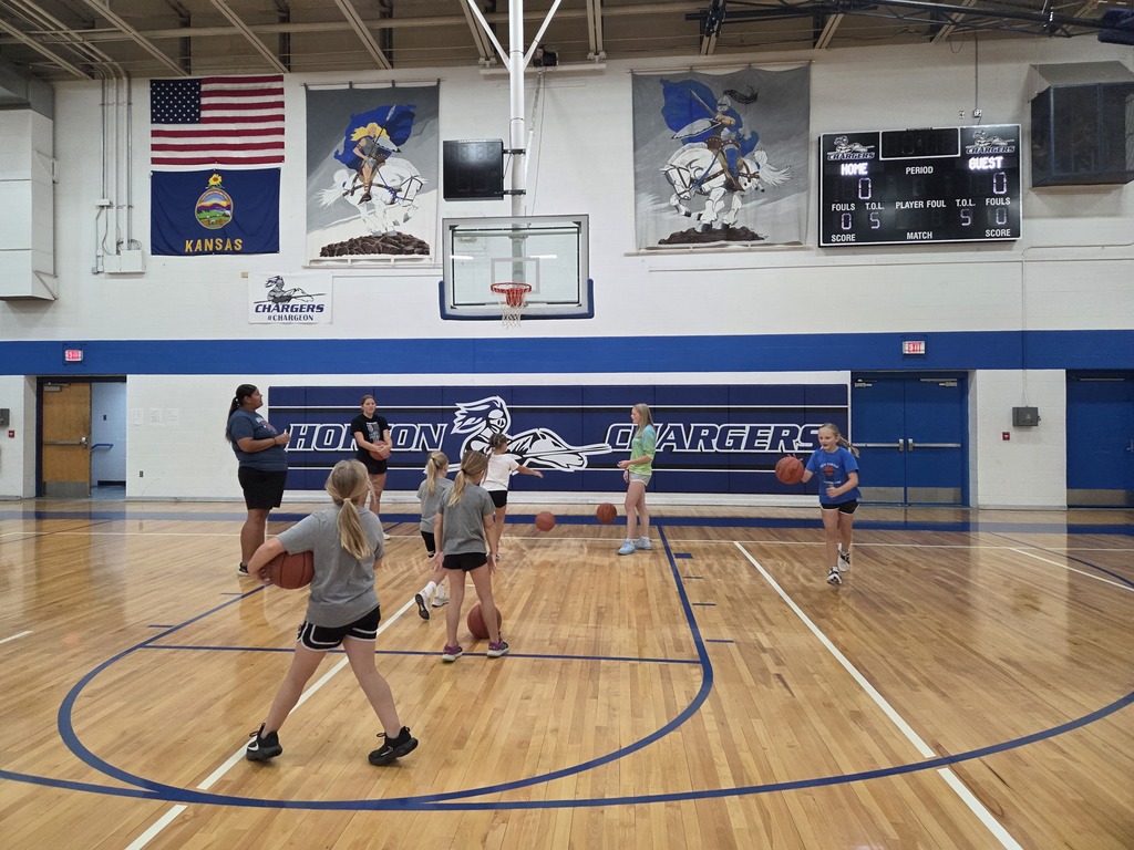 Group of children playing basketball on an indoor court, walls adorned with banners, and a scoreboard.