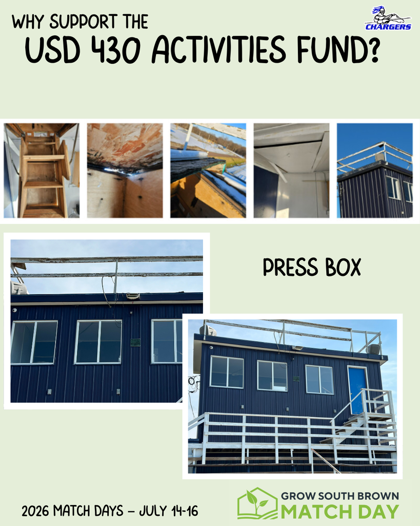 A flyer asks for support of the USD 430 Activities Fund. It includes photos of a press box, a house, and stairs.