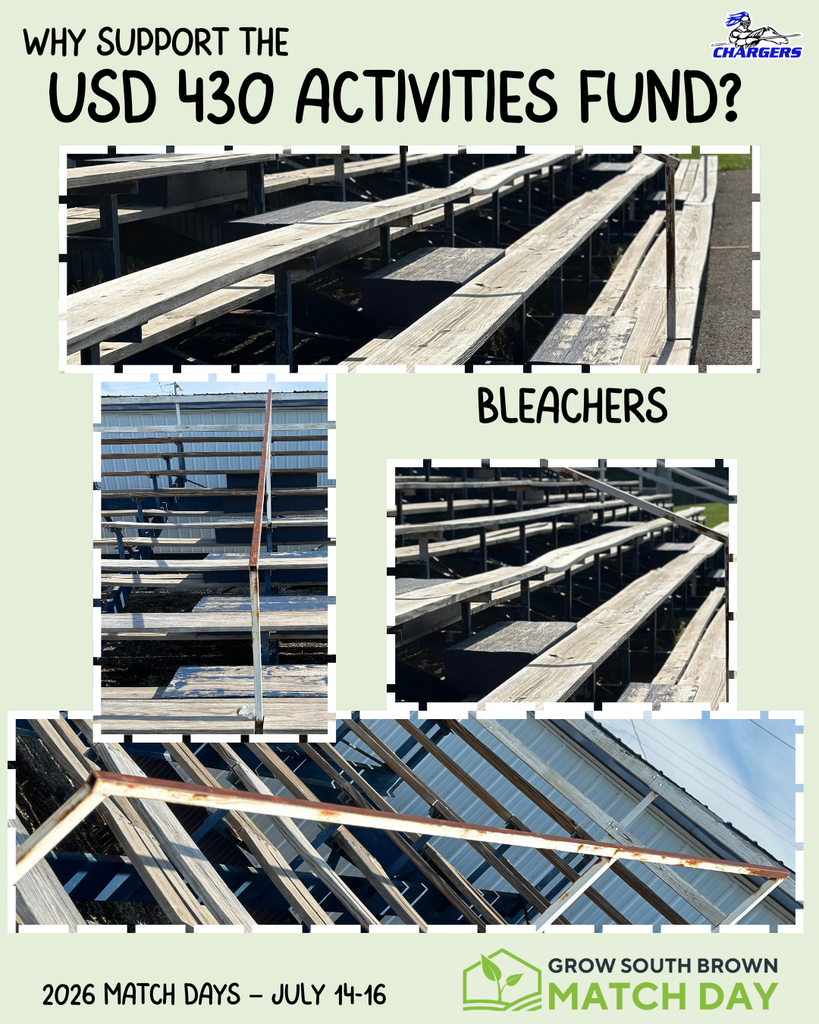 Three photos show bleachers with visible damage. A text overlay asks, "Why support the USD 430 Activities Fund?"