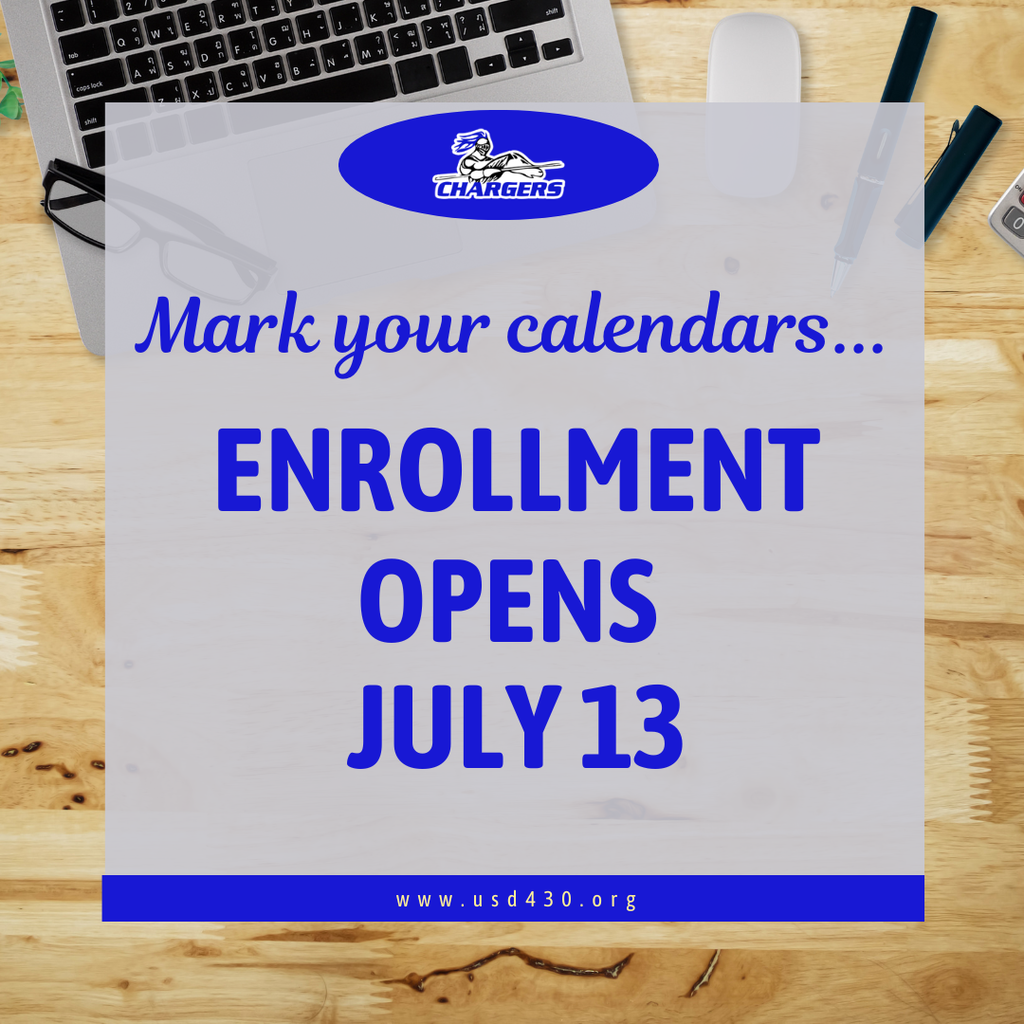 Advertisement on a desk with a laptop and remote. Text reads "Mark your calendars... ENROLLMENT OPENS JULY 13."