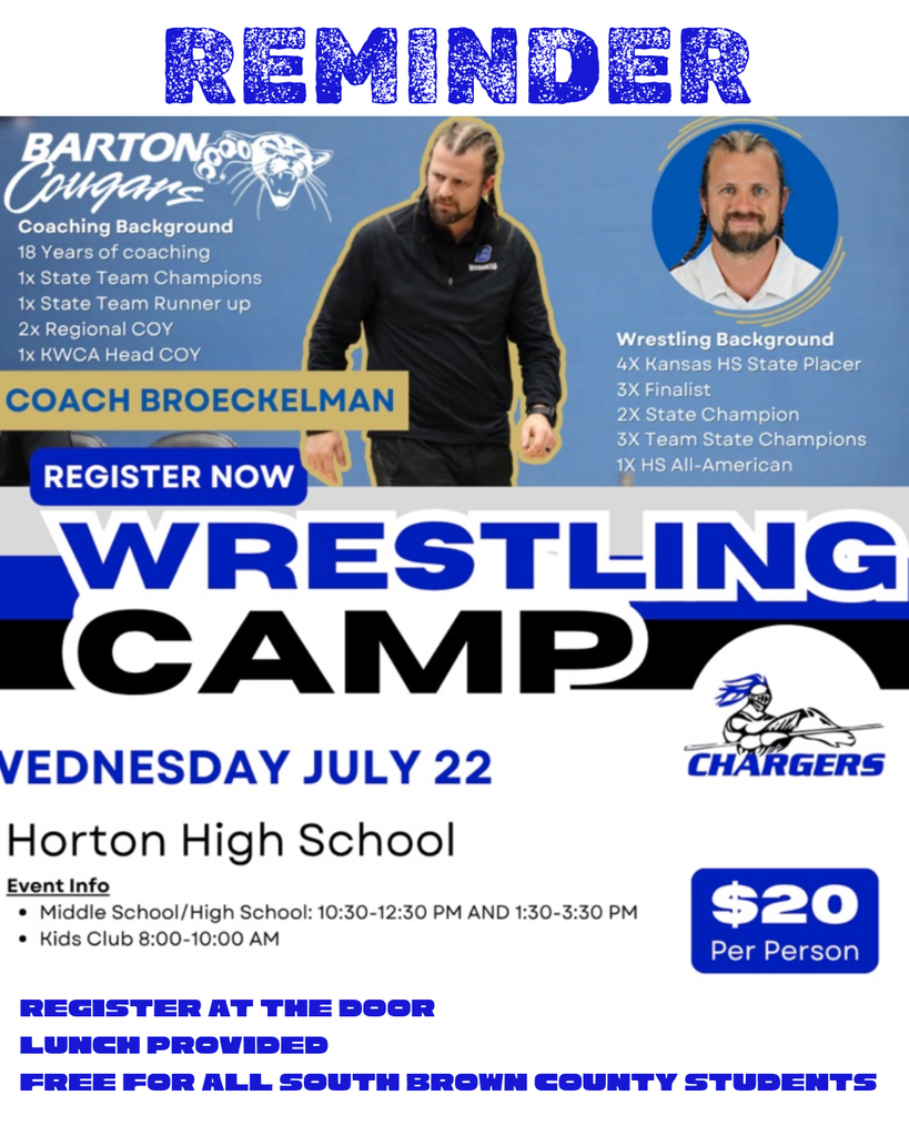 Event flyer shows two men; one has text about wrestling achievements, another has text about coaching. Flyer states "Wrestling Camp" and "REMINDER" at top.