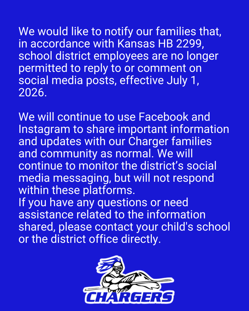 A blue background displays a notification about Kansas HB 2299. Text explains the law's impact on social media interactions.