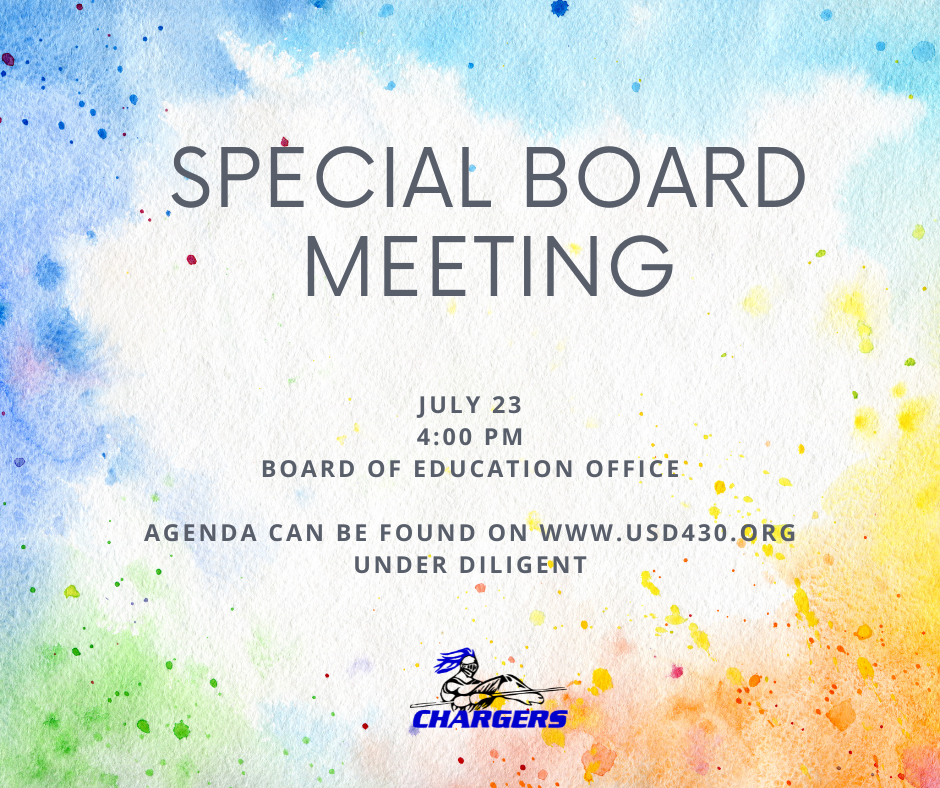 Colorful background with a banner. Text reads "Special Board Meeting" and includes date, time, location, and agenda link.