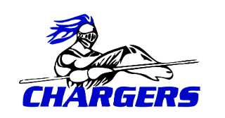 Blue and white logo depicting a knight riding a horse while wielding a spear. "CHARGERS" is written in bold blue font.