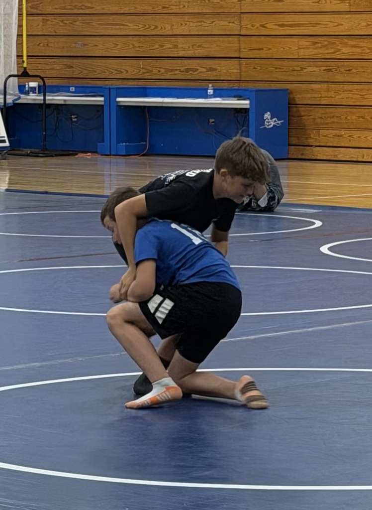 Two people in a blue wrestling circle, one kneeling and the other on their back. Behind them, a blue bench.