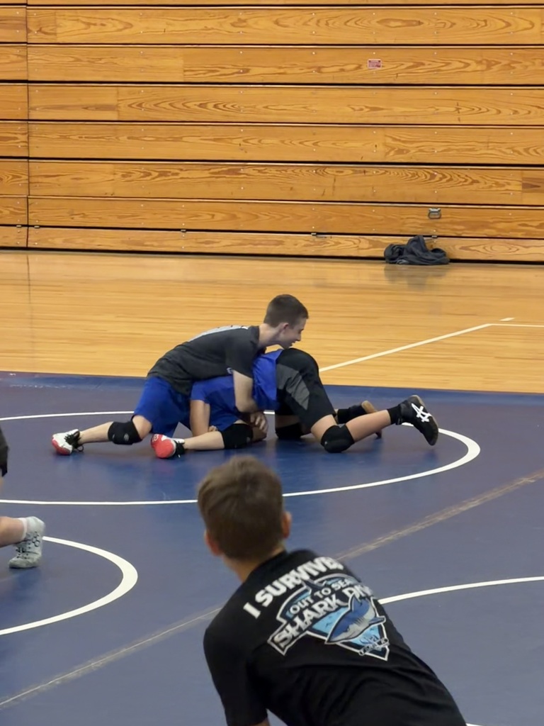 Three boys on a wrestling mat; two in a grappling position, one watching. A wooden wall in the background.