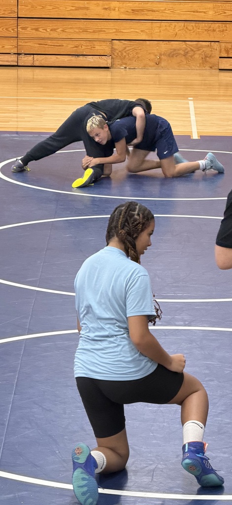 Three people in a gym. One person kneels and watches while two wrestle on the mat.