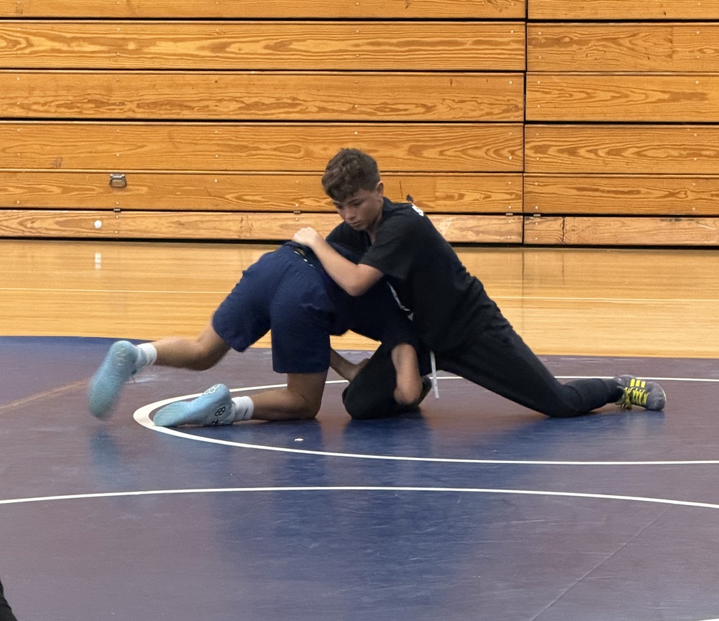 Two individuals wrestle on a blue mat with a white circle in a gym. One wears blue, the other black.