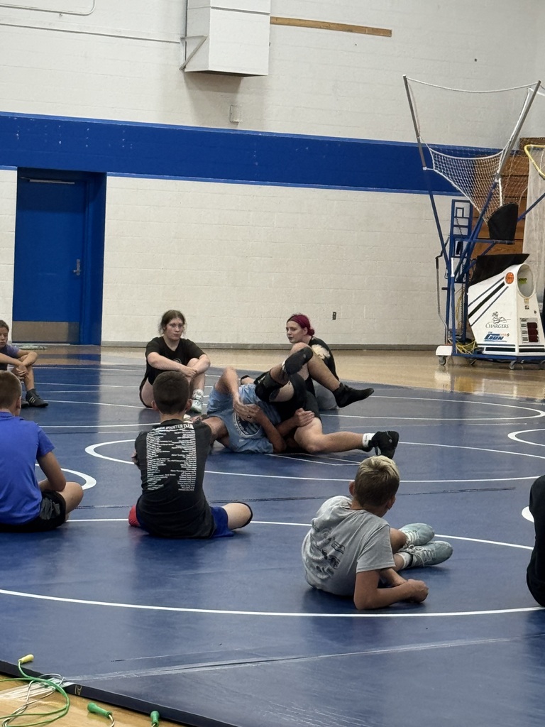 Several people are seated around a wrestling ring. Two individuals are in the ring, with one on top of the other.