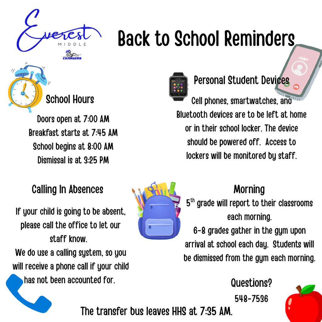 Blue and white flyer with icons for reminders. Icons include a backpack, alarm clock, phone, and smartwatch.