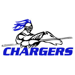 Black background with white outline of a knight wielding a sword. The word "Chargers" in white font.
