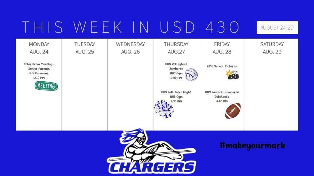 Blue-themed sports schedule with text "This Week in USD 430" and "Chargers" logo. Dates and sports events listed.