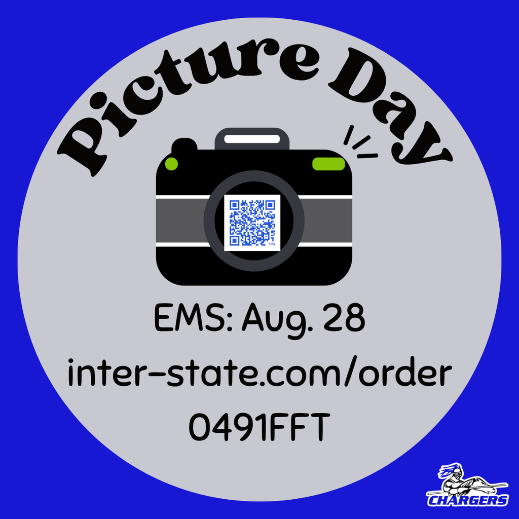 Graphic design of a camera with the words "Picture Day" and a QR code, set against a blue background.