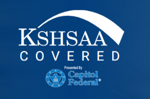 Blue background with white and blue "KSHSAA Covered" text. Below it, a logo for Capitol Federal in blue, white, and orange.