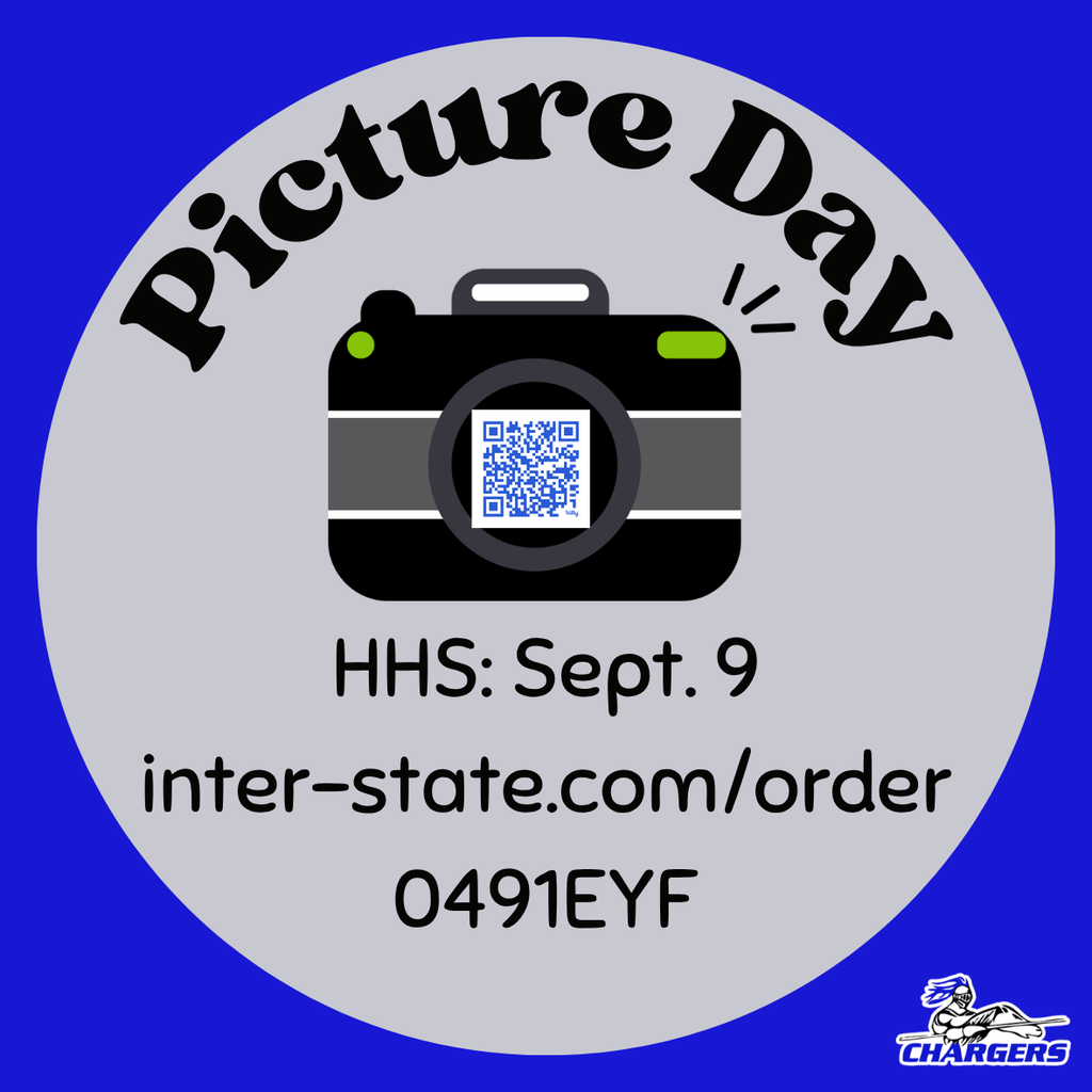 Blue background, gray circle. Camera icon, text: Picture Day. Below, text: HHS: Sept. 9, website, order code.