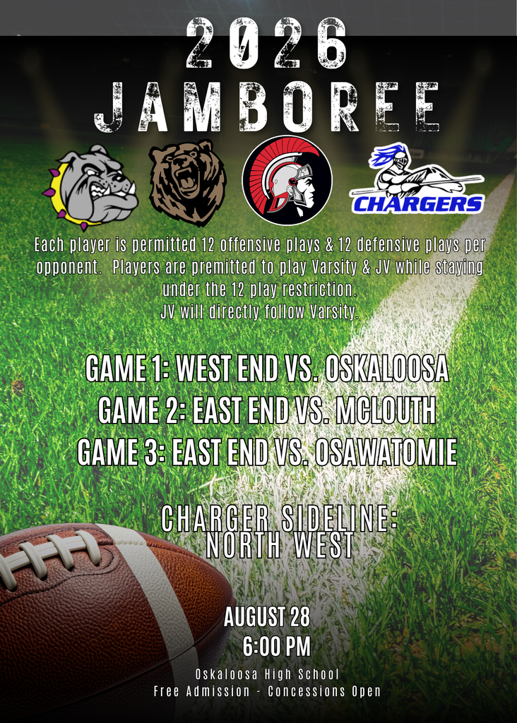 An advertisement for the 2026 Jamboree with a football field background. It shows details for three games and an event time.