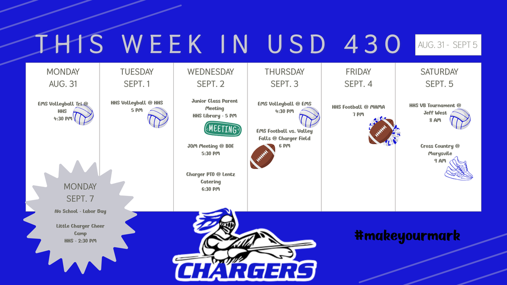 Blue background with white text. A week’s schedule from August 31 to September 5. Each day shows sports icons and times.