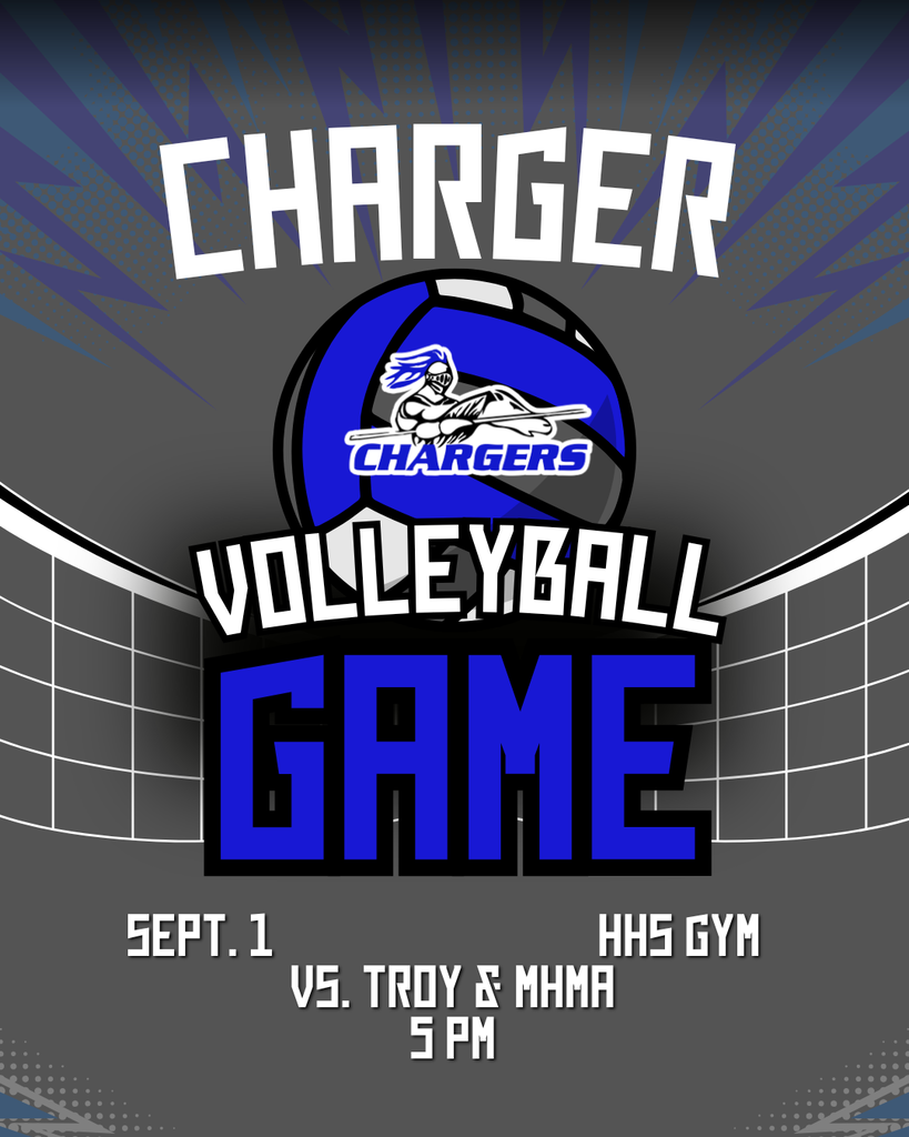 A poster for a volleyball game with Charger and Chargers logos, net in the background, date and time displayed.
