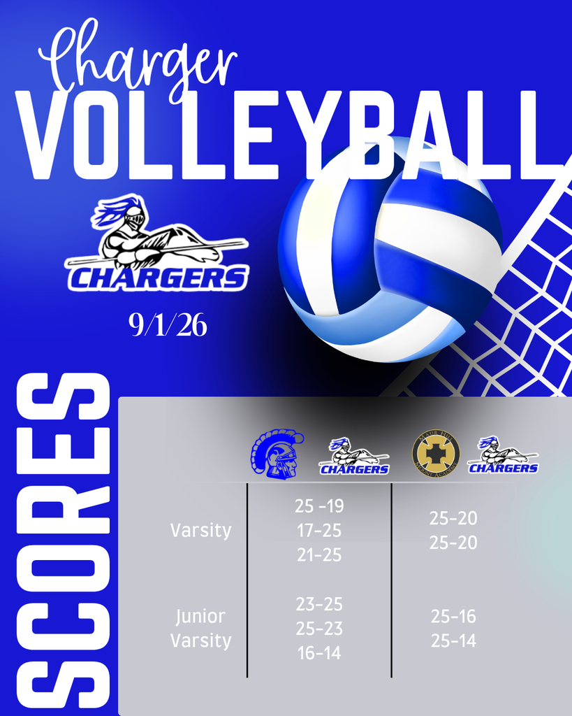 An event poster displays a volleyball and team logo. It features scores for varsity and junior varsity teams, set against a blue background.