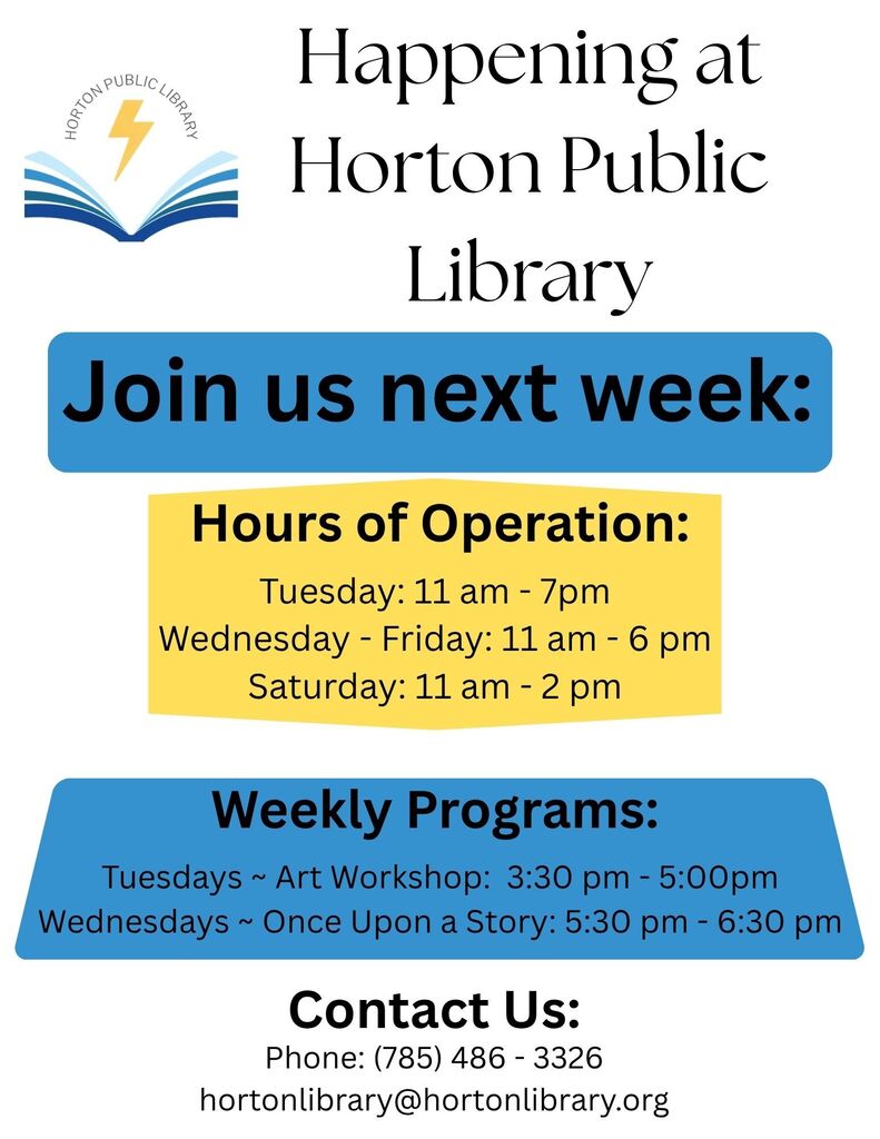 Library flyer displaying hours and weekly programs. Open Tuesday to Saturday. Contact information and email at bottom.
