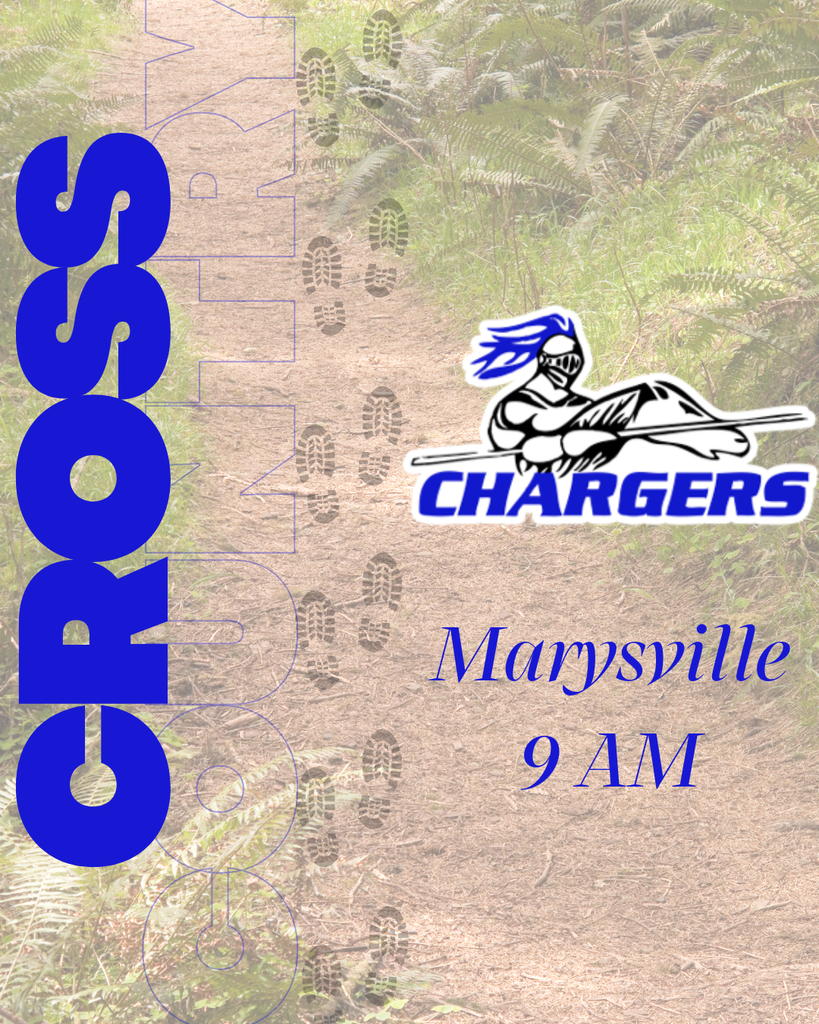 A poster shows a dirt path and a Chargers logo. Text reads "Cross Country Marysville 9 AM."