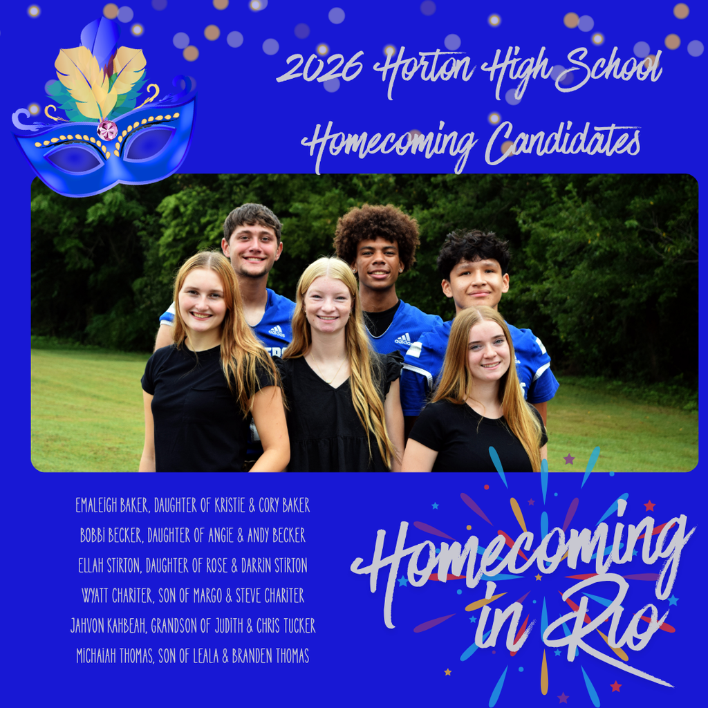 Six students stand outdoors in front of greenery and trees. Above, a blue mask is featured. Text reads "Homecoming in Rio".