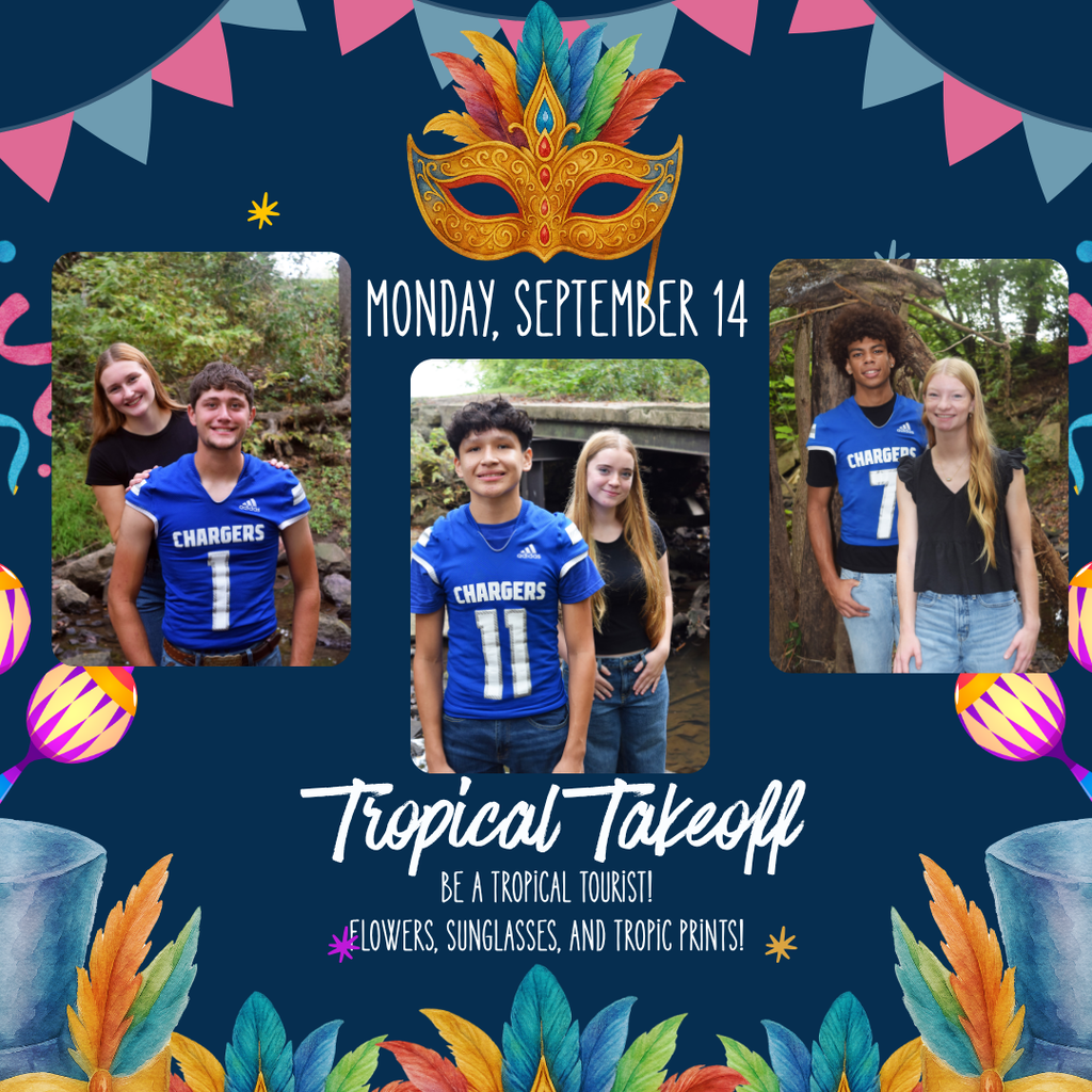 Four photos of people in Chargers jerseys are displayed against a blue background with colorful decorations and a mask.