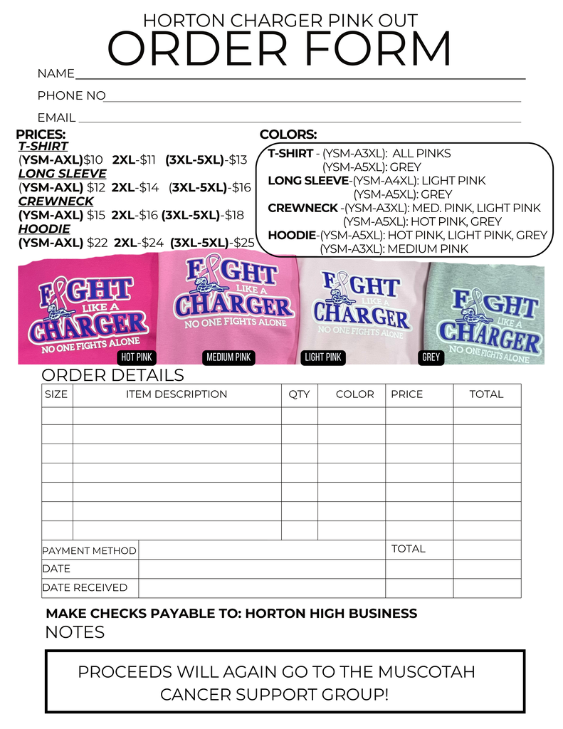 A form has fields for "Name," "Phone No.," "Email," and "Order Details." Clothing options include pink and grey T-shirts and crewnecks.