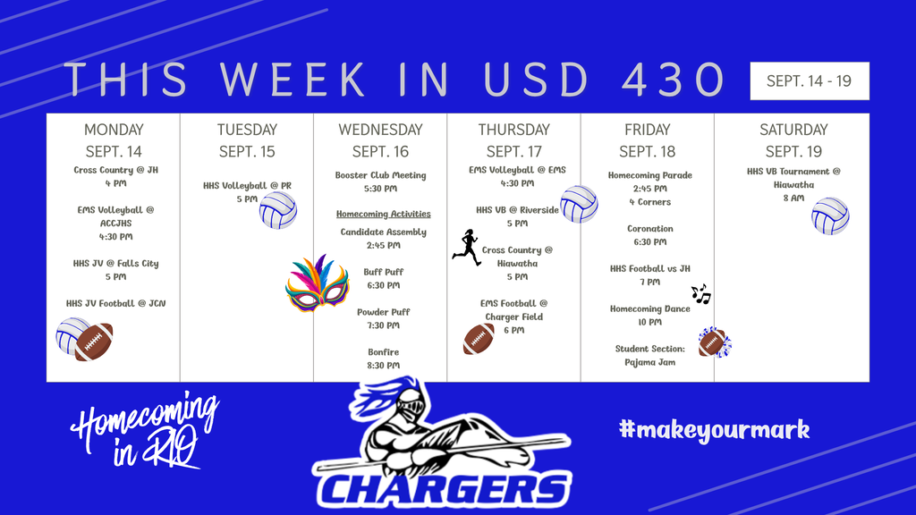 A blue background displays a schedule for "This Week in USD 430" with dates and activities.