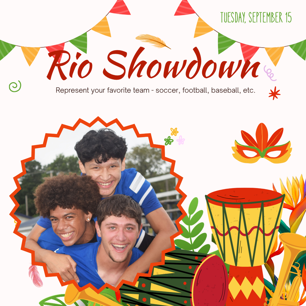 Three smiling males pose for a photo. The background contains a banner with flags and symbols.