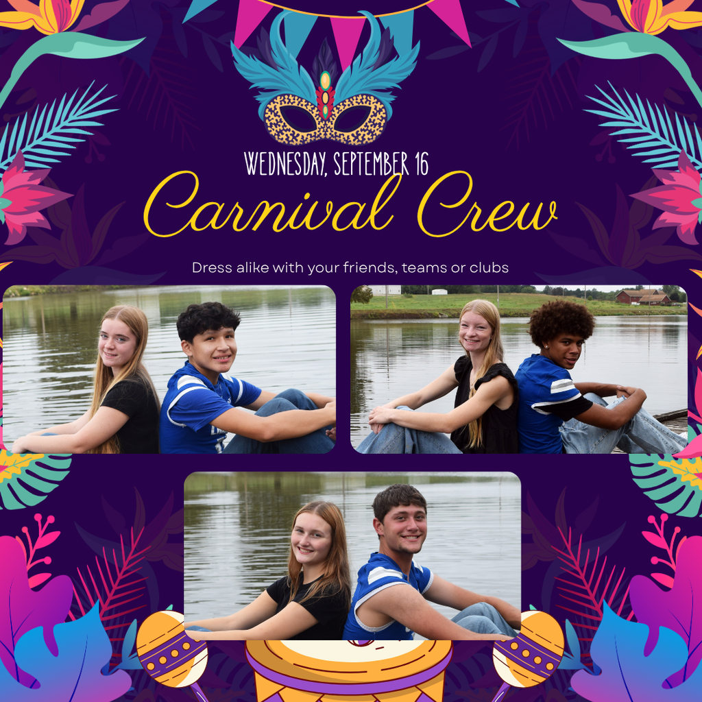 Four people sit on a boat in a lake, smiling. A Carnival Crew poster above has a tropical theme.