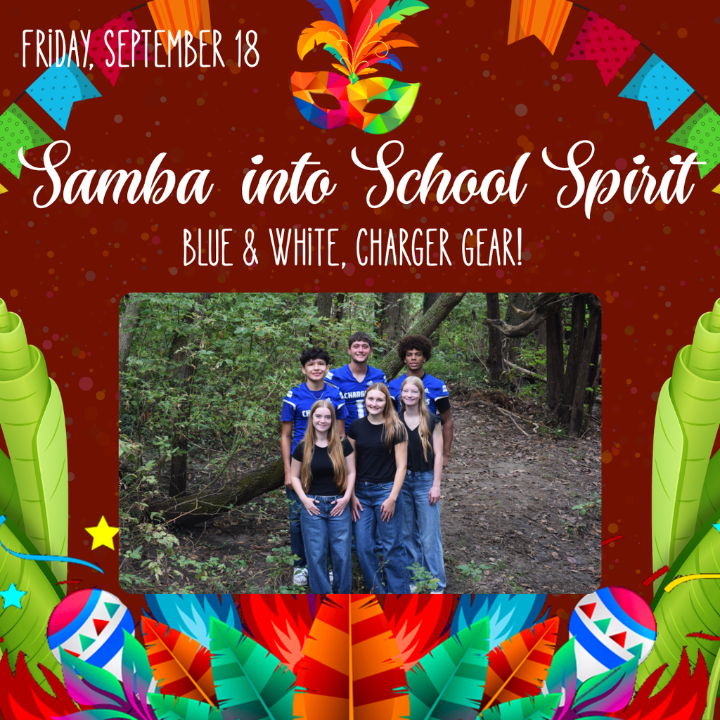 Five individuals stand in a wooded area, all wearing matching blue and white shirts. The background features colorful flags and foliage.