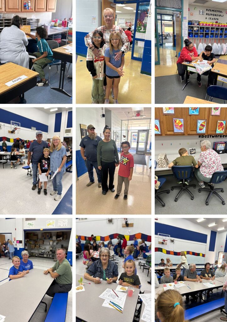 Multiple panels depict individuals in a classroom setting. One shows a group of adults and children; another shows a family.