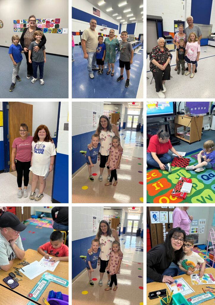 A series of photos shows families and children in a classroom. One image features an adult and children with a rug.