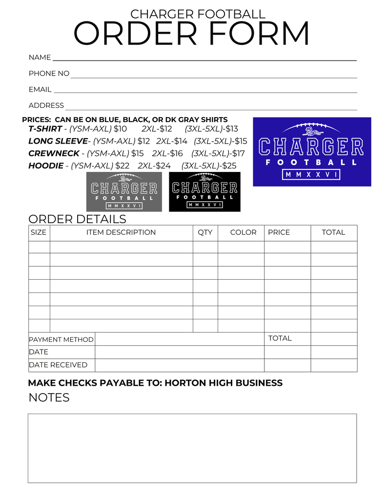 A form with headings "CHARGER FOOTBALL ORDER FORM." It lists items, sizes, colors, and prices for various apparel. "Payment method" and "Date received" are provided below.