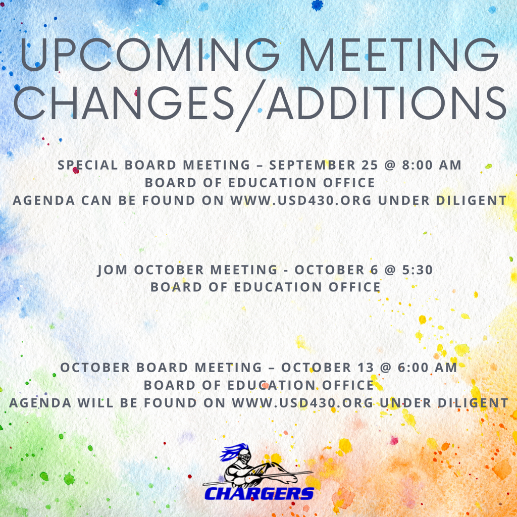 An event flyer announces upcoming board meetings with colorful background and details about when and where to find the agenda.