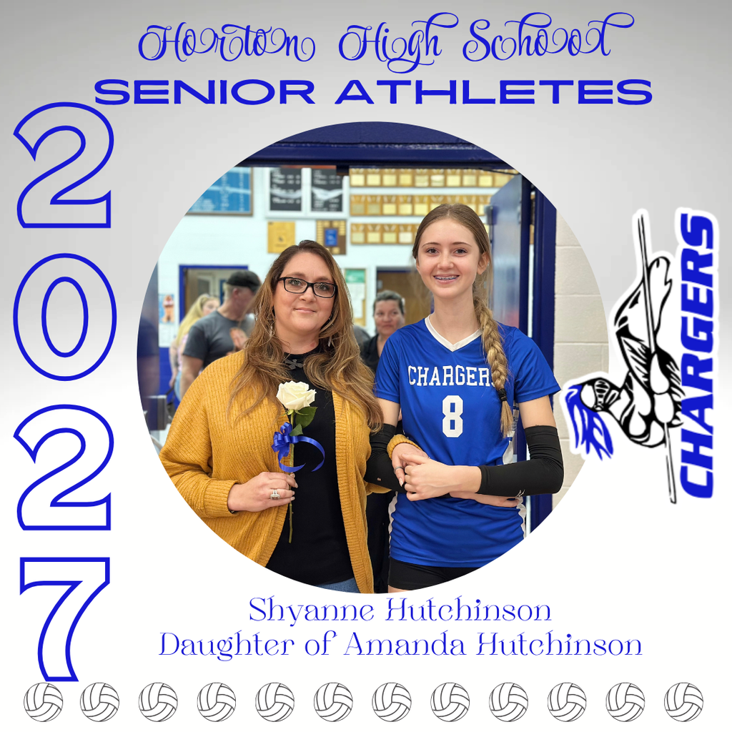 Text: "Horton High School Senior Athletes" with "2020" and "Chargers". Two women, one in yellow and one in blue, standing in a doorway.