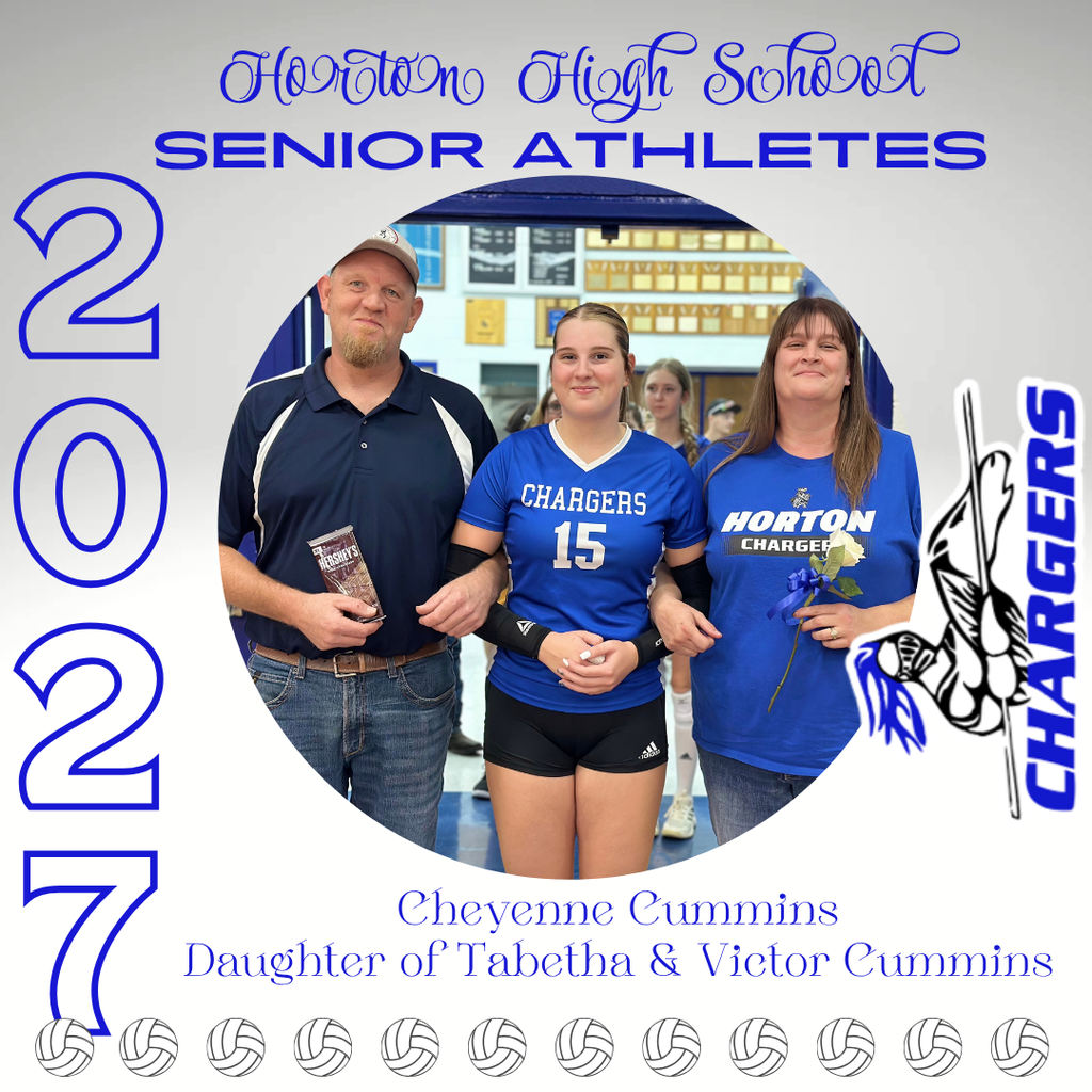An announcement with a circle photo of a female athlete with two women. The text reads, "Cheyenne Cummins, daughter of Tabetha & Victor Cummins."