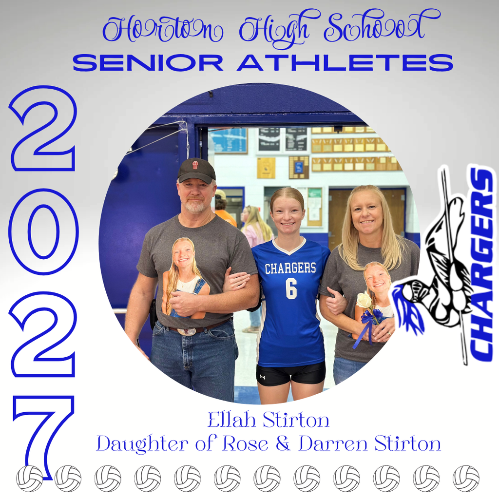 An advertisement for "Horton High School Senior Athletes" shows a family of three with "Ellah Stirton" and "Daughter of Rose & Darren Stirton" written below.